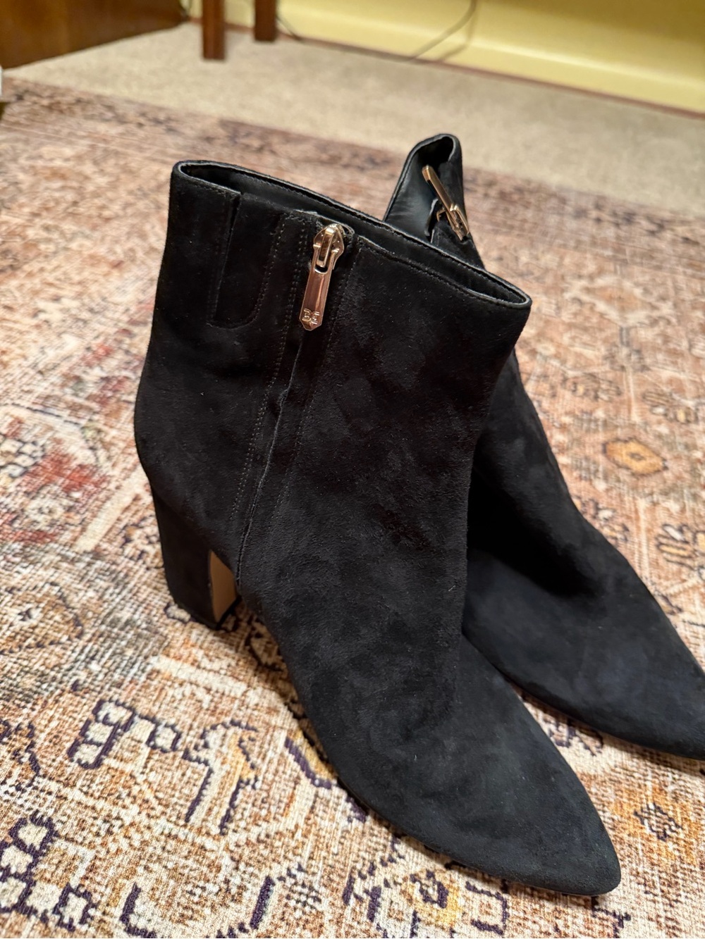 Sam Edelman Black Suede Pointed Toe Block Heel Ankle Boots with Gold Zipper - Picture 5 of 6